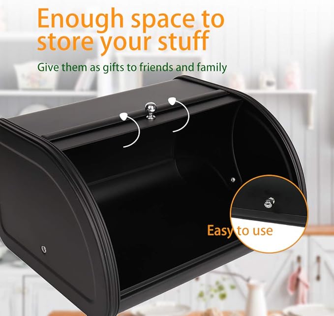Home by Jackie Inc X458 Black Metal Bread Box/Bin/kitchen Storage Containers with Roll Top Lid (Black)