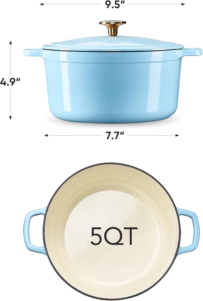 CAROTE 5QT Enameled Cast Iron Dutch Oven Pot with Lid, Heavy-Duty Dutch Ovens for Sourdough Bread Baking, Braising, Roasting, Dual Handles, Healthy & Non-Toxic, All Stovetop Compatible, Oven Safe up to 500° F, Macaron Blue