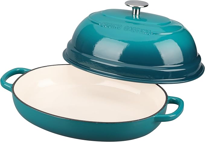 Enameled Oval Cast Iron Dutch Oven Pot with Lid, Bread Dutch Oven for Sourdough Bread Baking, Dutch Oven Bread, Bread Oven, 6QT, Darkcyan