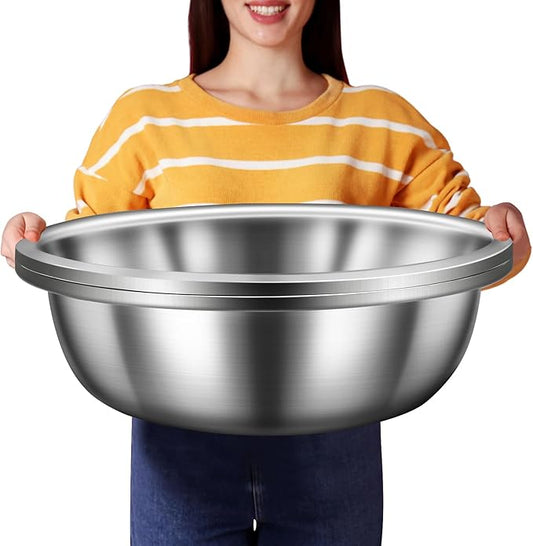 2 Pack Large Mixing Bowl 20 Qt Oversized All Purpose 304 Stainless Steel Polished Mirror Flat Base Metal Bowl for Home or Commercial Prepping Baking Mixing Marinating