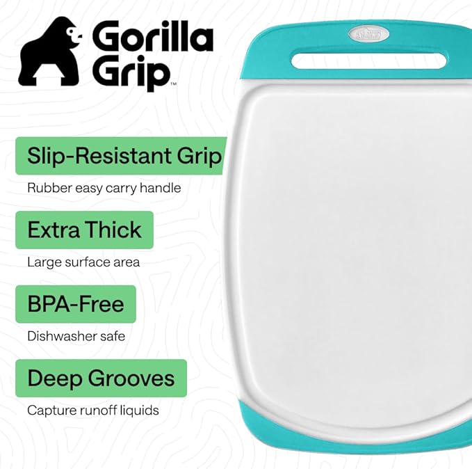 GORILLA GRIP BPA-Free Reversible Kitchen Cutting Board Set of 3, US Designed, Nonporous, Juice Grooves Catch Liquid, Slip Resistant Border, Dishwasher Safe Durable Large Food Chopping Boards Turquoise