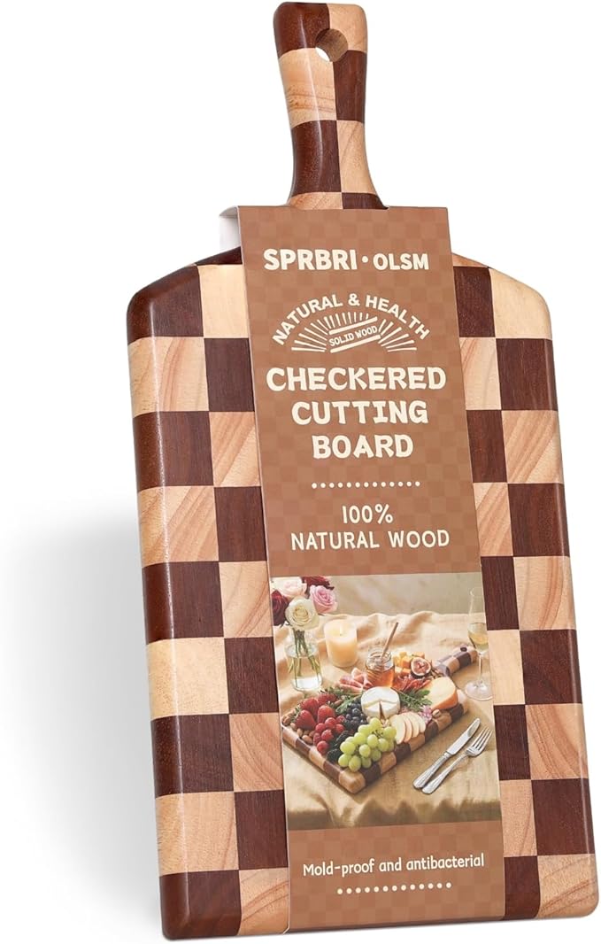 Checkered Rectangular Cutting Board with Handle for Kitchen, 15"L x 7"W x 1" Thick – Wooden Chopping & Charcuterie Serving Board in Acacia Wood for Meat, Bread, Fruit & Vegetables