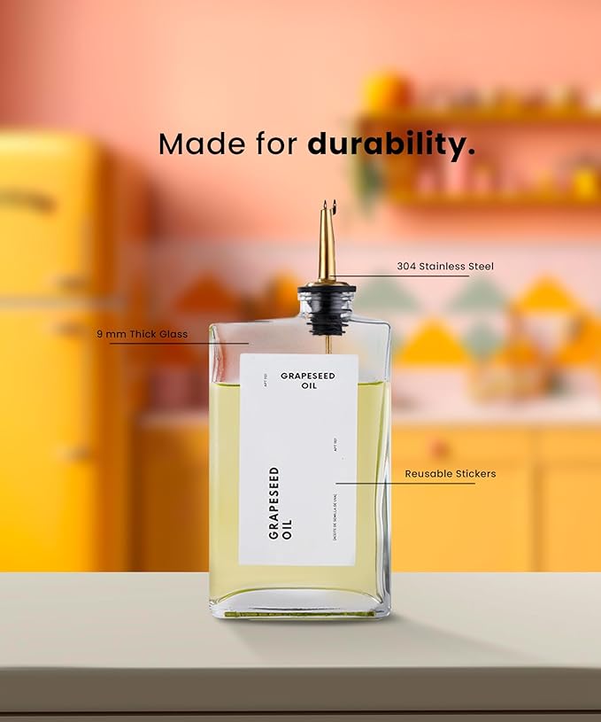APT 1101 Olive Oil Dispenser for Kitchen, Cooking Oil and Vinegar Dispenser Set, Olive Oil Bottle, Soy sauce dispenser, coffee syrup bottles with stainless steel pourers - 4 pcs, Gold
