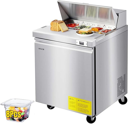 VEVOR Commercial Refrigerator, 28" W Sandwich/Salad Prep Refrigerated Table, Stainless Steel Food Prep Station Fridge with 8 Pan, for Restaurant, Bar, Shop, 7.1 Cu. Ft Refrigerator Single Door, Silver