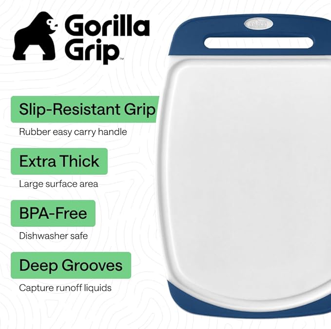GORILLA GRIP BPA-Free Reversible Kitchen Cutting Board Set of 3, US Designed, Nonporous, Juice Grooves Catch Liquid, Slip Resistant Border, Dishwasher Safe Large Food Chopping Boards, Red Blue Green