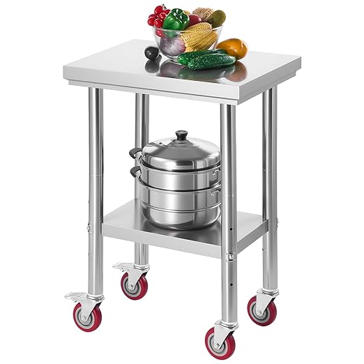 VEVOR Stainless Steel Table, 24 x 18 Inches Food Prep Worktable with Wheels, Kitchen Prep Table with Adjustable Undershelf Workstations for Commercial Kitchen, Restaurant, Hotel and Garage, Outdoor