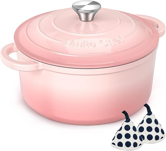Umite Chef Enameled Cast Iron Dutch Oven-7QT Pot with Lid Cookbook & Cotton, Heavy-Duty Cookware for for Bread Baking, Braising, Stews, Marinate, Cook(Pink)