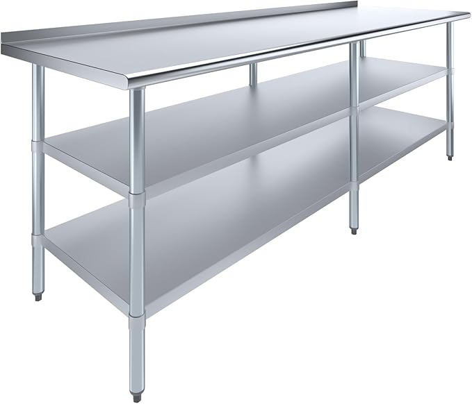 AmGood Stainless Steel Work Table with 1.5" Backsplash and 2 Shelves | Metal Kitchen Food Prep Table | NSF (96" Long x 30" Deep)