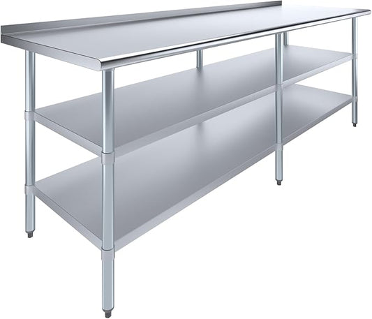 AmGood Stainless Steel Work Table with 1.5" Backsplash and 2 Shelves | Metal Kitchen Food Prep Table | NSF (96" Long x 30" Deep)