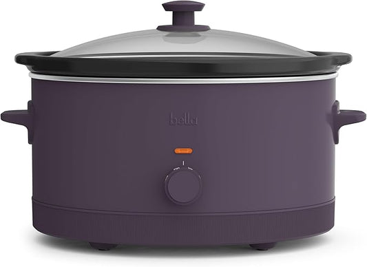 bella 6.0 Qt Manual Slow Cooker, Ceramic Nonstick Coating, 3 Temperature Settings, Dishwasher Safe Stoneware Pot and Tempered Glass Lid, Cool Touch Handles & Tangle Free Cord Wrap, Plum