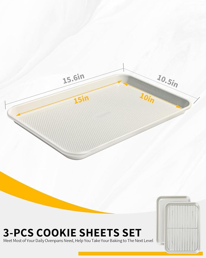 2-Pack 10x15 Jelly Roll Pan Baking Sheet Set with Wire Rack - Nonstick 0.8mm Thick Carbon Steel, Cookie Sheets for Baking, Dishwasher Safe, Warp Resistant, Oven Safe 450°F, Salted Gray
