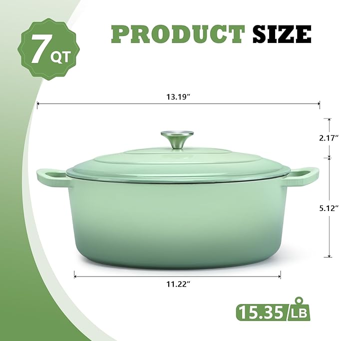 P&P CHEF Oval Dutch Oven with Lid, Enameled Cast Dutch Oven Pot for Bread Baking, Braising, Stewing, Roasting, Non-Stick & Oven Safe, Dual Handles & Easy Clean, 7QT & Pistachio Green, Valentine's Day