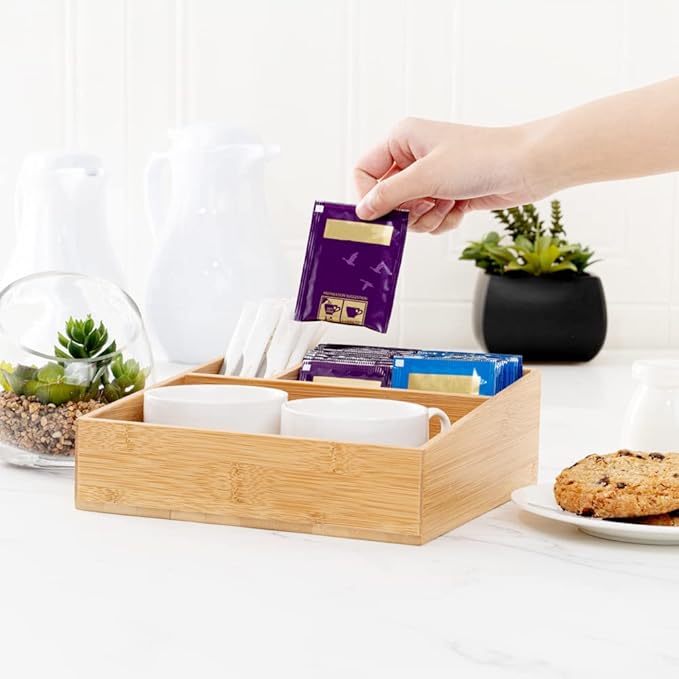 Restaurantware-8.3 x 8.3 x 2 Inch Coffee Condiment Organizer, 1 Square Creamer Organizer - 3 Compartments, Break-Resistant, Bamboo Coffee Accessory Caddy, Won't Chip, For Sugar Packets And Creamers