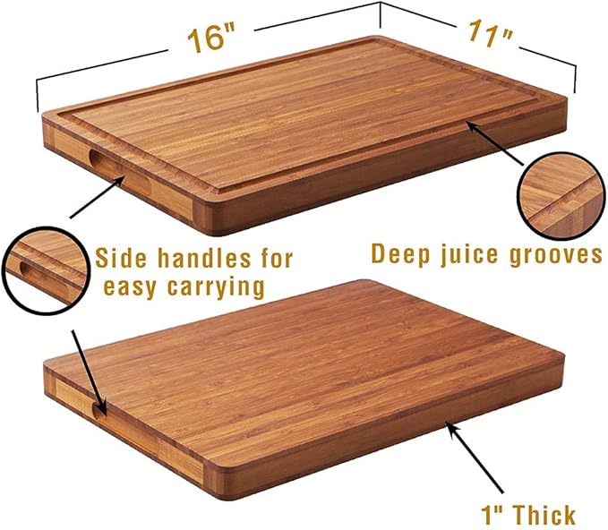 Bamboo Wood Cutting Board for Kitchen, 1" Thick Butcher Block, Cheese Charcuterie Board, with Side Handles and Juice Grooves, 16x11"