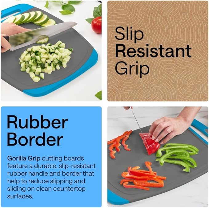 GORILLA GRIP BPA-Free Reversible Kitchen Cutting Board Set of 3, US Designed, Nonporous, Juice Grooves Catch Liquid, Slip Resistant Border, Dishwasher Safe, Durable Food Chopping Boards, Gray Aqua