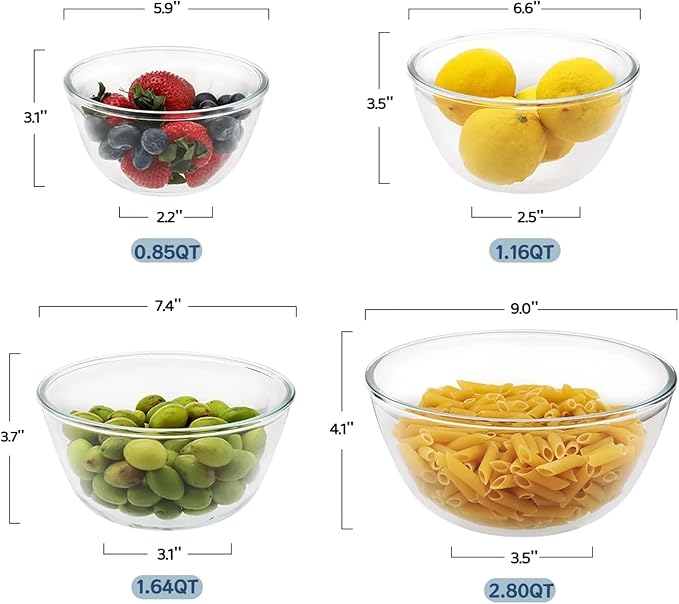 4pc Glass Mixing Bowls with Lids Set (2.80QT, 1.64QT, 1.16QT, 0.85QT), Thick Salad Bowl, Nesting Glass Mixing Bowl for Cooking, Baking, Prepping-Dishwasher Microwave Freezer Safe