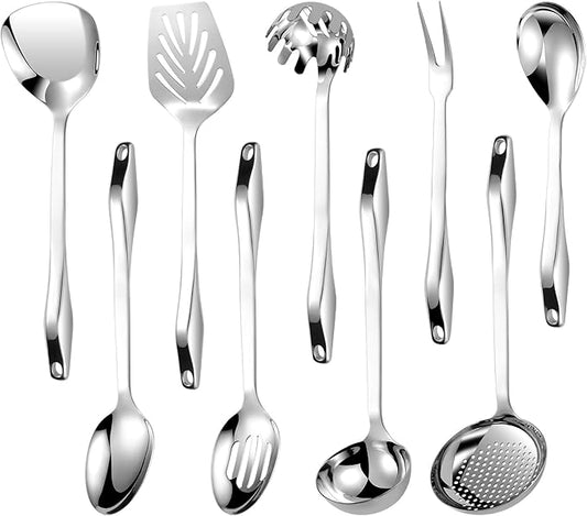 304 Stainless Steel Kitchen Utensil Set - 9pcs Cooking Utensils, Metal Kitchen Utensil Spatula Sets Cookware,High temperature resistance Kitchen Tool Set for Hanging Dishwasher Safe（Silver）