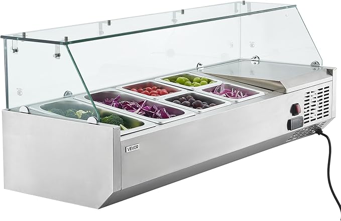 VEVOR Refrigerated Condiment Prep Station, 130 W Countertop Refrigerated Condiment Station, with Two 1/3 Pans & Four 1/6 Pans, 304 Stainless Body and PC Lid, Sandwich Prep Table with Glass Guard