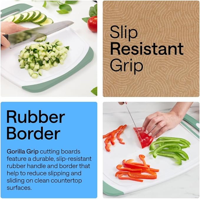 GORILLA GRIP BPA-Free Reversible Kitchen Cutting Board Set of 3, US Designed, Nonporous, Juice Grooves Catch Liquid, Slip Resistant Border, Dishwasher Safe, Durable Large Food Chopping Boards, Mint