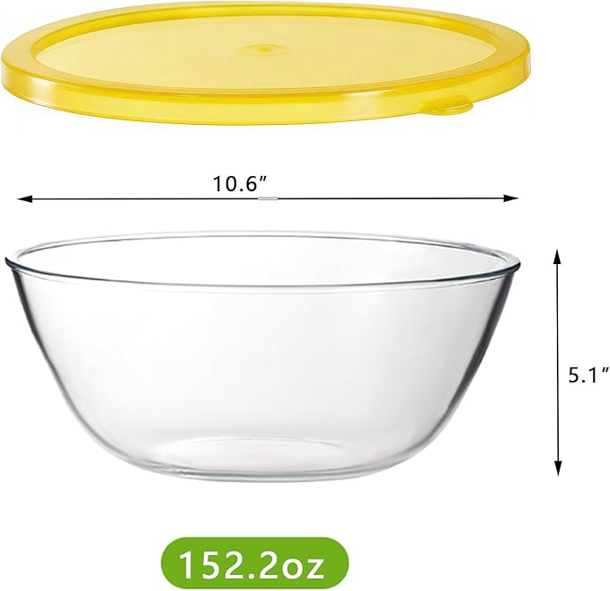 4.7QT Large Glass Mixing Bowl with Lid, Clear Glass Salad Cooking Bowls for Sourdough, Salad and Storage Prepping and Baking Food Storage Set