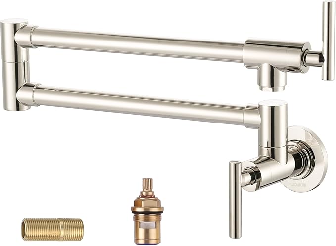 WOWOW Pot Filler Faucet Polished Nickel, Solid Brass Pot Filler Wall Mount Kitchen Stove Faucet with Double Joint Swing Arms