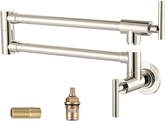 WOWOW Pot Filler Faucet Polished Nickel, Solid Brass Pot Filler Wall Mount Kitchen Stove Faucet with Double Joint Swing Arms