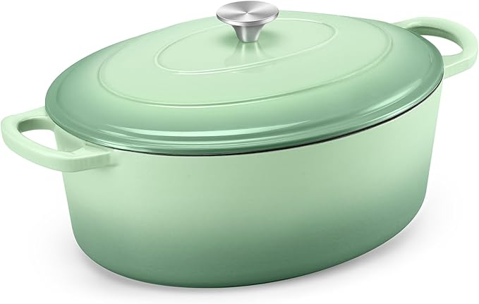 TeamFar 7QT Oval Dutch Oven, Enameled Cast Iron Dutch Oven Pot with Lid, For Bread Baking/Stewing/Braising/Frying, Suitable for Various Stoves, Non-stick & Easy Clean, Pistachio Green