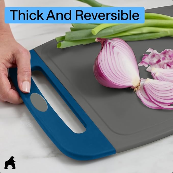 GORILLA GRIP BPA-Free Reversible Kitchen Cutting Board Set of 3, US Designed, Nonporous, Juice Grooves Catch Liquid, Slip Resistant Border, Dishwasher Safe, Durable Food Chopping Boards, Gray Blue
