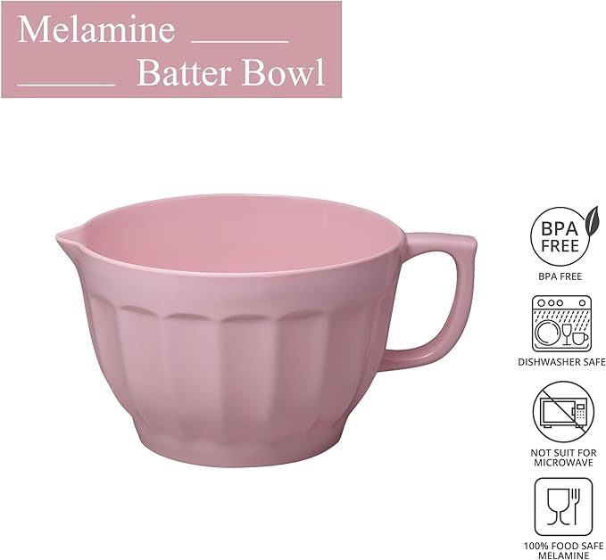 UPware Latte Style Melamine Batter Bowl with Pour Spout, Handle and Non-Slip Base, Grip Handle for Easy Mix and Pour, Home Essentials Cooking and Baking Tools, 4.3 quart, 11.5 x 8.75 Inch, Pink