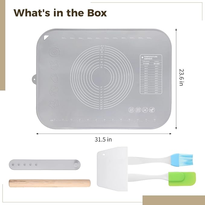 Silicone Pastry Mat, 31.5×23.6 Non-Stick Baking Mat, Extra Thick Kneading Mat with Accessories Like Scraper, Cutter, Rolling Pin