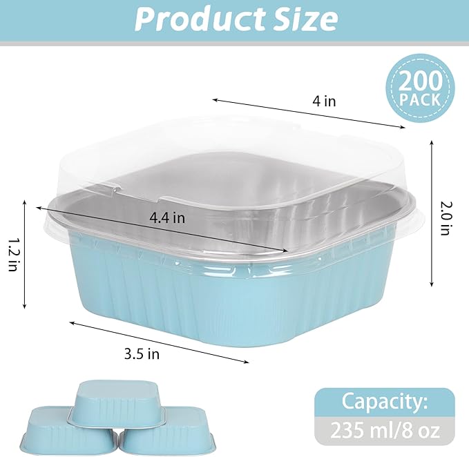 200 Pack 8 oz Mini Cake Pans with Lids, Individual Cake Pans with Lids and Spoons, Aluminum Foil Square Brownie Baking Cups for Ramekins Muffin Cupcake Cheesecake Birthday Party (Blue)