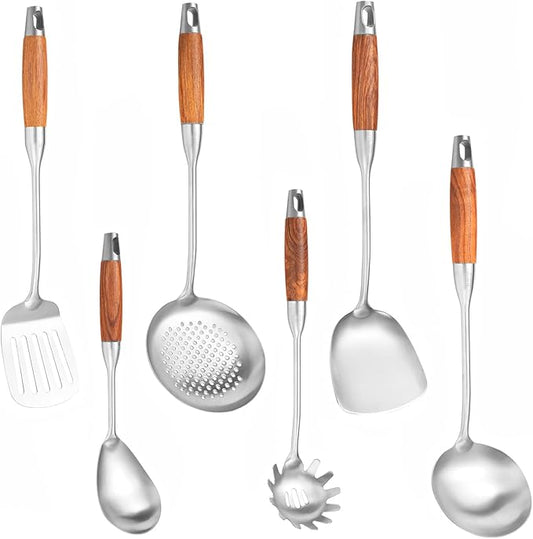 Stainless Steel Kitchen Utensils Set with Wooden Handle, 6 PCS Professional Cooking Utensils Set 15", Wok Spatula, Ladle, Skimmer, Slotted Spatula Turner, Spaghetti Spoon, Large Spoon