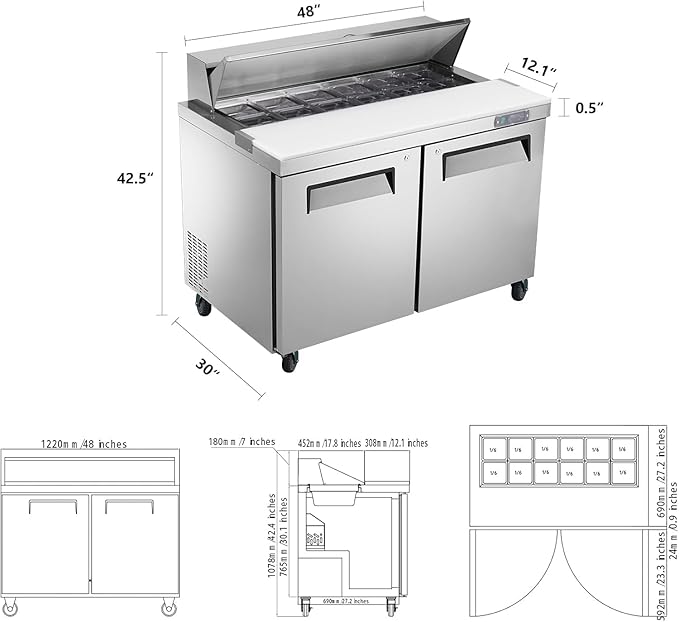 JINSONG 48" Commercial Refrigerator Sandwich Prep Table, 2 Door Salad Bar Buffet Station, Stainless Steel Refrigerated Food Prep Table with Cutting Board & 12 Pans for Restaurant Deli Bar