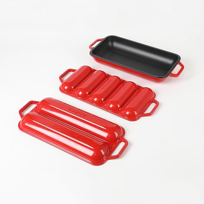 HAWOK Enameled Cast lron Baguette Bread Baker, 3-in-1 Baking Set with Full Baguette Tray, 5-Slot Mini Roll Tray & Reversible Lid Pan, 15 x 6.7 inch, Red