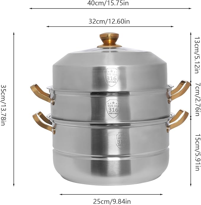 Stainless Steel Steamer Pots, Non-Stick Meat Vegetable Cooking Steam Pot Kitchen Steamer Cooker Dumpling Steamer Cookware Steaming Pots for Induction Cookers, Electric Ceramic Stoves (3-Tier, 32CM)