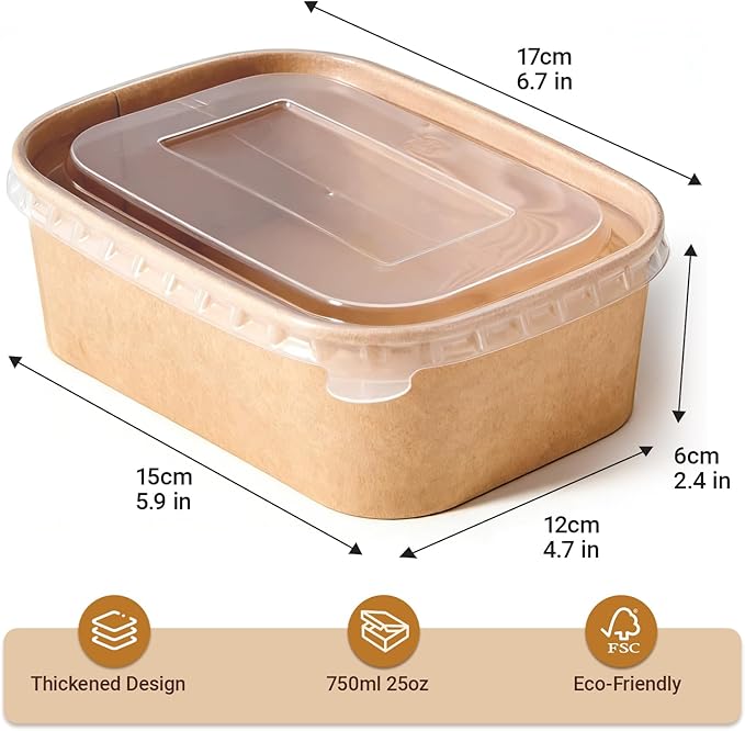 25 oz Disposable Bowls, 200 Sets Large Kraft Square Paper Bowls, Disposable Meal Prep Food Container with Sealing Lid, Microwave Safe Leakproof Serving Bowls, Perfect for Party Lunch Hot Soup