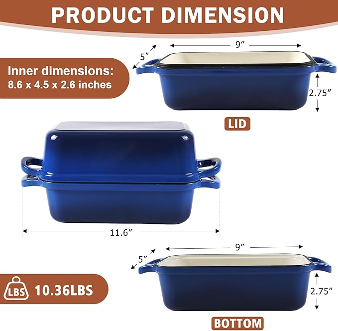 9 x 5 Inch Bread Pan Enameled Cast Iron Loaf Pan with Lid for Baking, 2 in 1 Non-stick Sourdough Bread Loaf Pan for Homemade Bread, Oven & Stovetop Safe for Gas, Electric & Induction, Blue