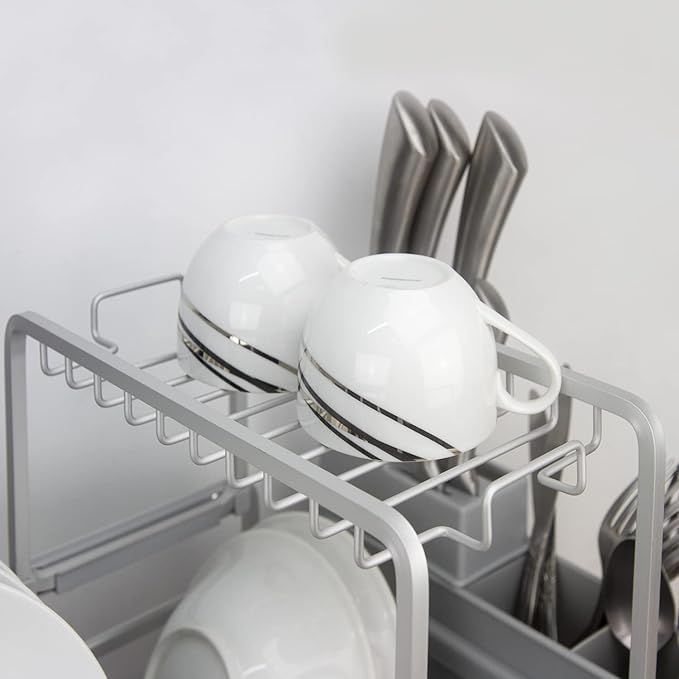 Evelyne GMT-10353-B Aluminum Dish Drying Rack with Utensil Holder - 2 Tier Kitchen Countertop Rust Proof Dish Rack Lid Hanger and Drainboard Set - Large Dish Organizer Rack