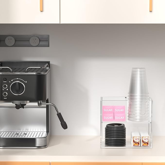 Coffee Condiment and Cup Organizer - 2-Tier Upright Cup and Lid Holder with Straw Organizer 3 Compartments Clear Acrylic Cup Dispenser for Restaurant Breakroom Coffee Station Countertop