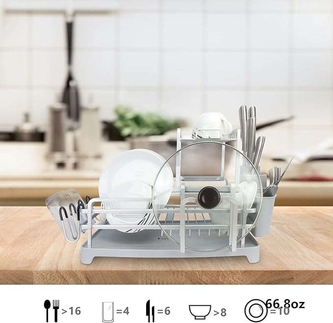 Evelyne GMT-10353-B Aluminum Dish Drying Rack with Utensil Holder - 2 Tier Kitchen Countertop Rust Proof Dish Rack Lid Hanger and Drainboard Set - Large Dish Organizer Rack