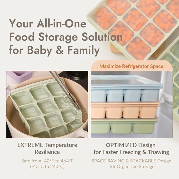 Baby Food Storage Silicone Cubes with Clip-On Lid Freezer Tray Baby Food Soups Purees Ice Easy and Safe Design Made in Korea (12 Ocean Blue)