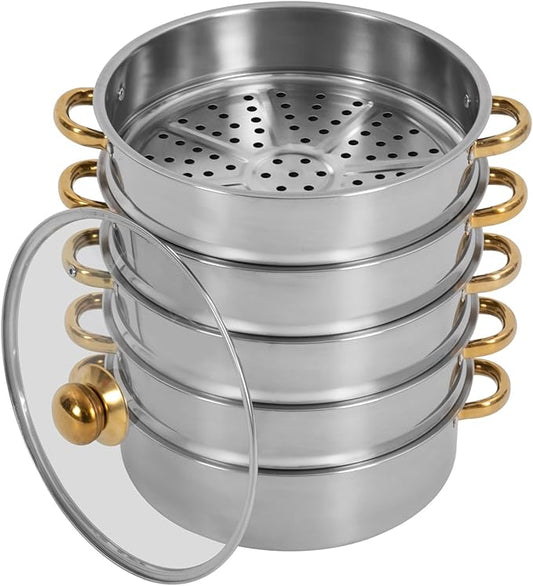 Stainless Steel Steamer Pots, Non-Stick Meat Vegetable Cooking Steam Pot Kitchen Steamer Cooker Dumpling Steamer Cookware Steaming Pots for Induction Cookers, Electric Ceramic Stoves (5-Tier, 26cm)