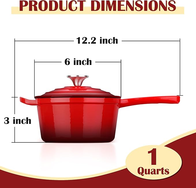 E-far Enameled Cast Iron Sauce Pan with Lid, 1 Quart Dutch Oven Saucepan, Mini Sauce Pot for Cooking, Boiling, Healthy & Non Toxic, Induction & Oven Safe, Red