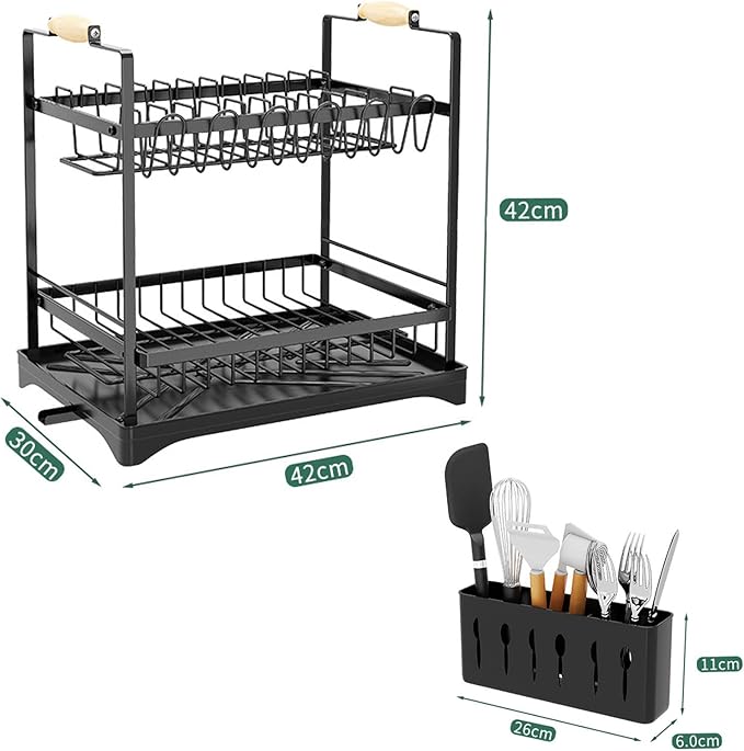 Large Dish Drying Rack, Multifunctional 2-Tier Dish Rack for Kitchen Counter, Anti-Rust Drying Dish Rack with Cutlery and Cup Holders for Various Kitchenware, Black