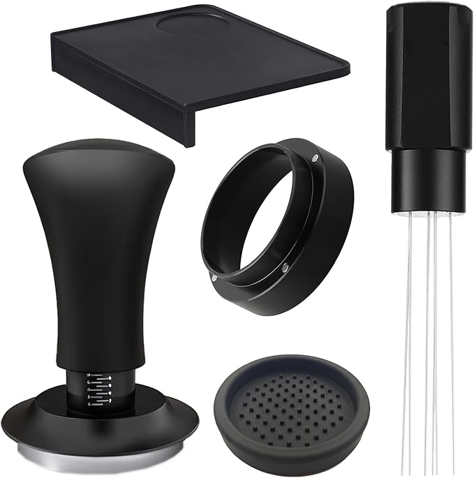 Espresso Accessories 51mm Spring Loaded Tamper Kit, 5-Piece Set with Needle Distributor WDT Tool, Dosing Funnel & Tamping Mat for 51mm Portafilter Espresso Machines (51mm)
