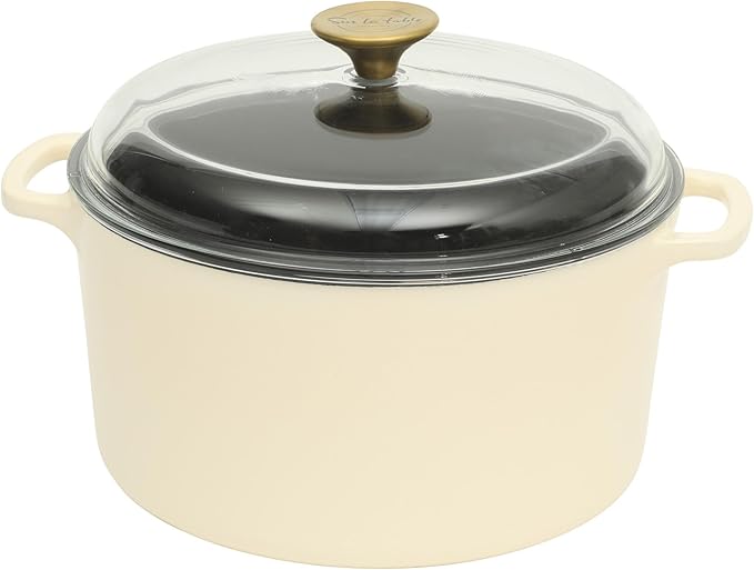 Sur La Table Kitchen Essential Supper Club 5-Quart Enamel-Coated Cast Iron Dutch Oven Pot with Oven Safe Glass Lid, Oven-to-Table Cookware for Bread, Soups, Stews & Braising - Eggshell White