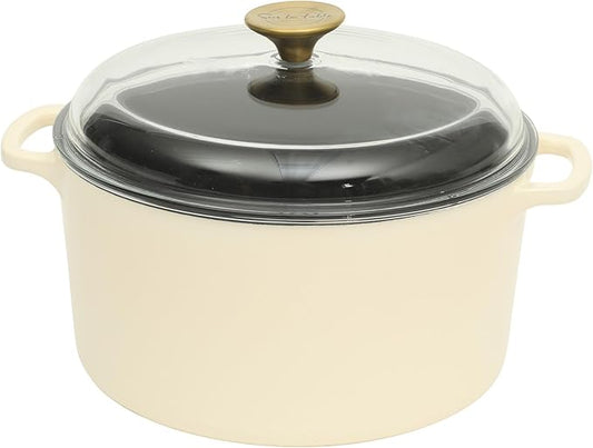 Sur La Table Kitchen Essential Supper Club 5-Quart Enamel-Coated Cast Iron Dutch Oven Pot with Oven Safe Glass Lid, Oven-to-Table Cookware for Bread, Soups, Stews & Braising - Eggshell White