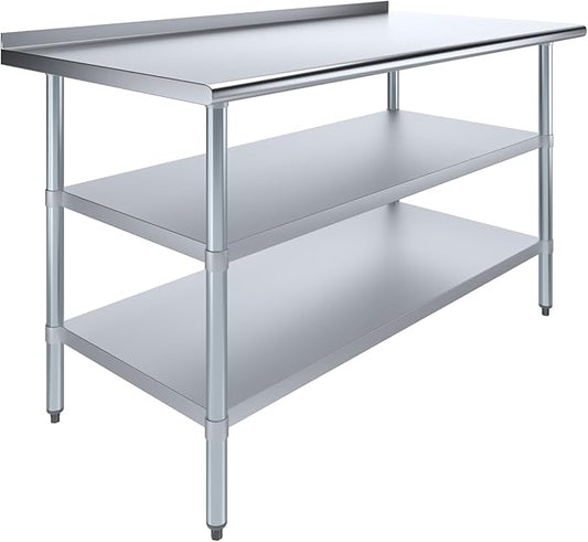 AmGood Stainless Steel Work Table with 1.5" Backsplash and 2 Shelves | Metal Kitchen Food Prep Table | NSF (60" Long x 30" Deep)
