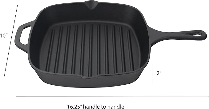 Jim Beam , Pre Seasoned Cast Iron Square Skillet with Ridges, 16", Black