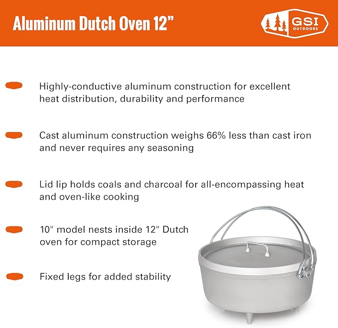 GSI Outdoors Aluminum 12' Dutch Oven | Dutch Oven with Fixed Legs for Camping, Cabin and Home Kitchen